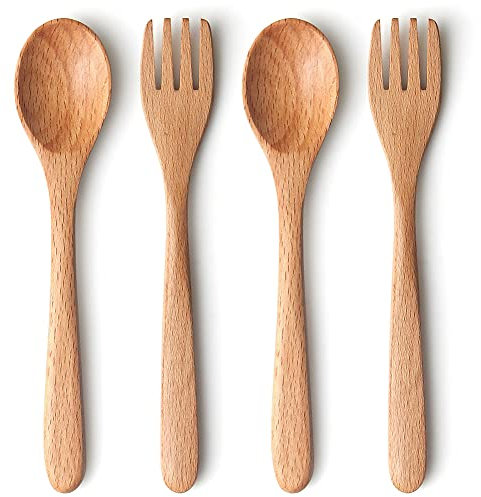 YFWOOD 4-teiliges natürliches Holz-Kinderbesteck, 2 x Kindergabeln, 2 x Kinderlöffel, Kinderutensilien-Set, Handpolieren, rutschfest, tragbar und ultraleicht