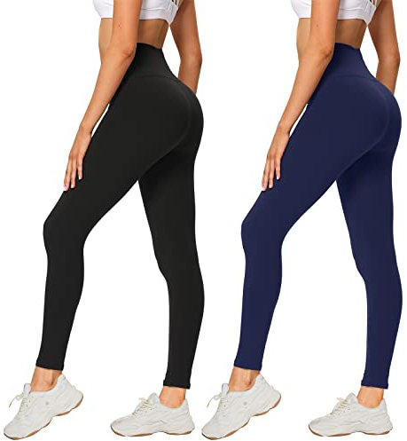 AMIYOYO Leggings Damen 2er Pack Sporthose Fahrradhose High Waist Leggins Blickdicht Elastische Weiche Bauchweg Hosen für Yoga Fitness Outdoor Freizeit(Schwarz+Dunkelblau,L-XL=DE42-48)
