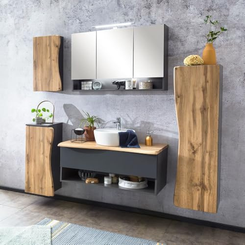 Lomadox Badmöbel Set in anthrazit und Wotan Eiche Nb. mit Baumkantenoptik LED Spiegelschrank und Keramik Waschbecken, B/H/T: ca. 216/200/52 cm