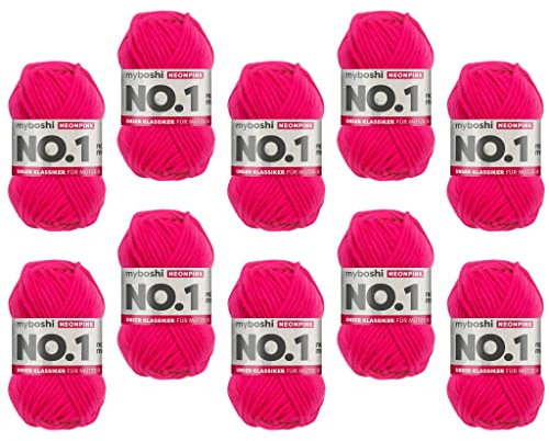 myboshi No.1 Wolle zum Häkeln und Stricken, Schnellstrickgarn, langlebige Mützenwolle, Strickwolle, Häkelwolle, mulesing-frei, 50g, Ll 55m Neonpink, 10 Knäuel