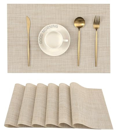 Leetaltree Beige Placemats Set of 6 - Heat Resistant Non-Slip Place mats for Dining Table, Washable Durable PVC Vinyl Woven Table Mats（Beige, 6）