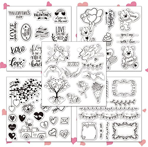 Whaline 5 Blatt Valentinstag Thema Klare Stempel Liebe Herz Bär Blume Amor Silikon Transparente Stempel Bordüre Stempel Karten für Kartenherstellung Dekoration DIY Scrapbooking Prägung Album Dekor