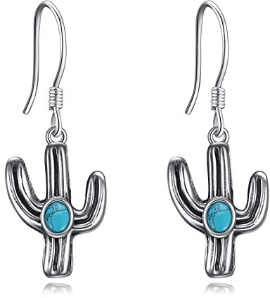 POPLYKE Sterling Silber Western West Kaktus Ohrringe für Cowgirl Cowgboy Türkis baumeln Tropfen Ohrring