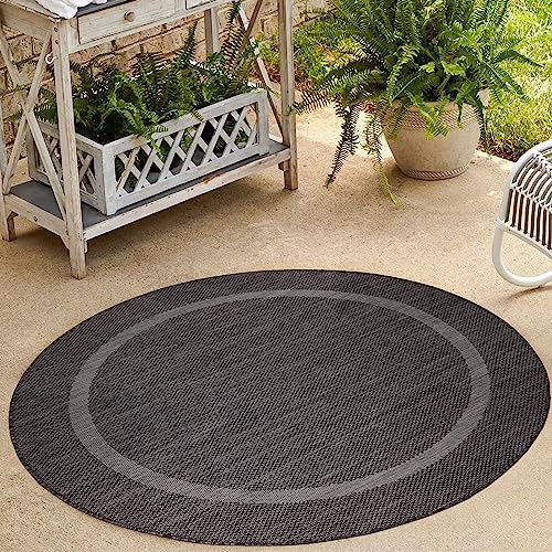 HomebyHome Outdoor Teppich Rund 200 cm Schwarz Bordüre Design Flachgewebe Wetterfest Waschbar Groß für Wohnzimmer Esszimmer Terrasse Garten