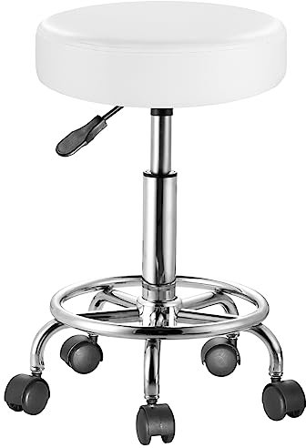 BAKAJI Sgabello con ruote rotondo, Seduta in Ecopelle e Base Acciaio Girevole a 360°, Altezza Regolabile, Imbottitura con spessore da 10 cm, Ideale per Bar, Casa, Estetista, Studio medico (Bianco)