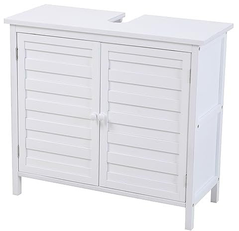 SVITA Waschbeckenunterschrank Badschrank mit Regal freistehend Badezimmerschrank Waschbeckenschrank Bambus Weiß