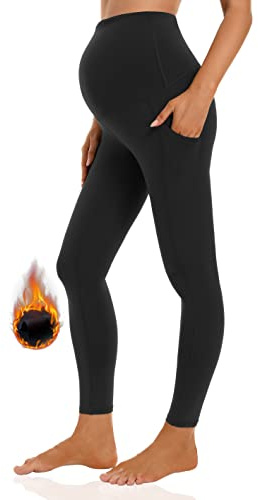 Foucome Legging de maternité doublé en polaire avec poches sur le ventre pour femme - Pantalon de yoga chaud pour l'hiver