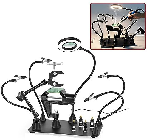 The Third Hand Magnetic Soldering Third Hand PCB Holder Heat Gun Stand with 3X LED Magnifying Glass Heavy Duty Welding Workstation (Color : 7AB-3C)
