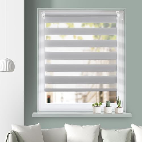 Grandekor Doppelrollo Klemmfix ohne Bohren Hellgrau 85x200cm(Stoffbreite 81cm) Klemmrollo Duo Rollo ohne Bohren mit UV-Schutz Zebra Rollo