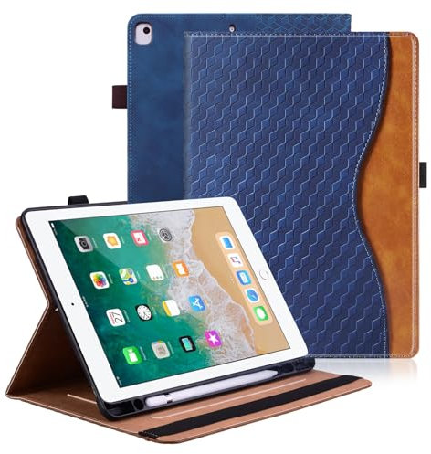 Vkooer Hülle für iPad 10.2-Zoll 9/8/7 Generation Schutzhülle mit Pencil Halter (iPad 2021/2020/2019) Ledertasche Cover Case mit Auto Schlaf/Aufwach Kartentasche für iPad Air 3/Pro 10,5 - Marineblau