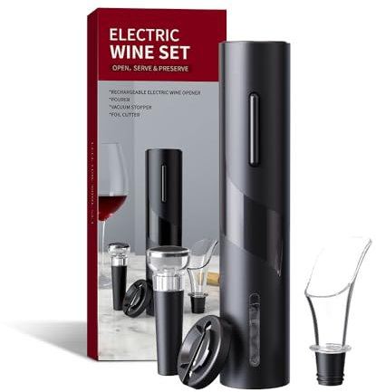 ALKIMIA, SACACORCHOS ELÉCTRICO PARA VINO, Con cortador de Papel Aluminio, Tapón de Silicona y Vertedor - El kit perfecto para abrir, verter y conservar sus vinos favoritos de manera fácil y elegante.