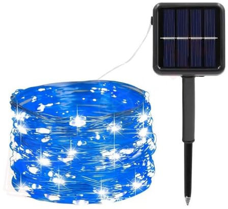 r2digital Tubo Natalizio 22mt Led ad Energia Solare, Luci Luminose di Natale da Esterno, Corda IP65 8 Modalità per Giardini, Decorazioni Natalizie, Pannello con batteria ricaricabile (Blu, 24)