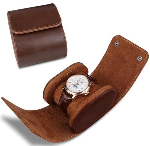 RoYiio Scatola per Orologio Cilindrico a 1 Slot, Pelle PU Organizzatore Custodia per Orologio da Viaggio Vintage per Uomini e Donne, Fodera in Velluto - Versione di Aggiornamento Marrone
