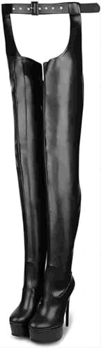 Emfnzd Women's Sexy Thigh High Boots with Belt Heels Over Knee Platform Black Pink Long Boot Unisex Rounded Toe Lady Shoes Plus size, Black, 14