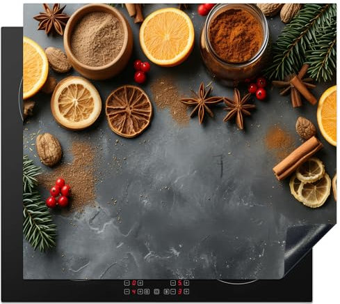 KitchenYeah© Protezione Piano Cottura Tappetino per Induzione 60x52 cm Cucina Proteggi Coprifornello Antiscivolo Frutta - Spezie - Calcestruzzo - Arancia