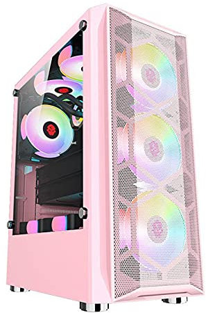 Computer Cases Tempered Glass, PC Gaming Case LED Strip Front Panel Support 3 Graphics Cards Vertical GPU Mount Pink