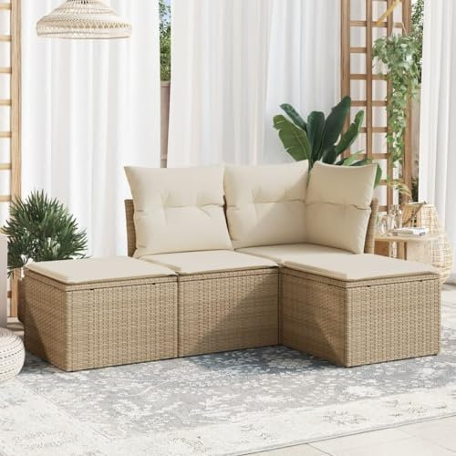 ULUYYUC 4-TLG. Garten-Sofagarnitur, Bodensofa Eckbank Polsterbank Fußhocker Geeignet für Balkon Hinterhof Garten Außenbereich mit Kissen Beige Poly Rattan