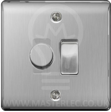 BG Brushed Steel 2 Gang Light Switch 1x Trailing Edge LED Dimmer 1x 2 Way Custom Switch