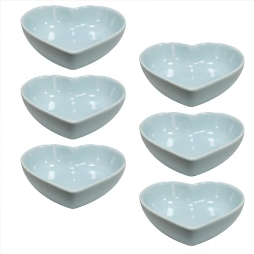 Albedel Light Blue 6 pcs Heart Shaped Porcelain Soy Sauce Dish Snack Bowl Ceramic Dip Dipping Bowls 1.65 oz for Dinner Baking BBQ and Cooking