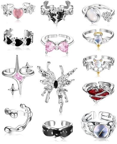 Krfy 13 Stück Y2K Ringe für Frauen Mädchen Kinder Stressabbau Fidget Ring Verstellbar Ring Damen Boho Ringe Set Stapel Silber Ringe Damen
