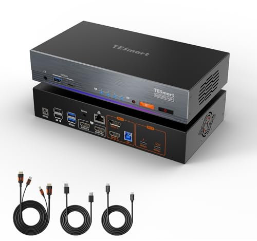 TESmart 4K@60Hz Thunderbolt 4 KVM Switch 2 Monitore 2 Computer, HDMI DisplayPort KVM Umschalter Dual Monitor für 1 Laptop (TB4 USB C w/Laden 60W) & 1 Desktop (HDMI 2.0 & DP1.2), Gigabit Netzwerk, EDID