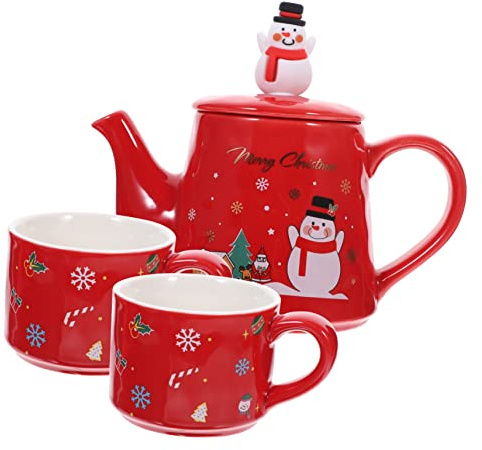 SECFOU Christmas Themed Ceramic Teapot Set Red Snowman Print, Household Tea Kettle and 2 Cups, Festive Holiday Decorative Tea Set for Christmas Party