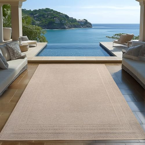 Carpetsale24 Outdoor Teppich Beige 280x370 cm, Wetterfest & UV-beständig, ideal für Küche, Balkon, Terrasse, Garten auch Wohnzimmer und Esszimmer, Einfarbiges Design mit Bordüre, Leicht zu Reinigen