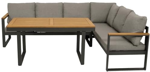 DEGAMO Funktions Eckbankset Diningset Kampala 2-teilig, Aluminium anthrazit + Akazie, Polster Mittelgrau, mit Liegefunktion, Outdoor