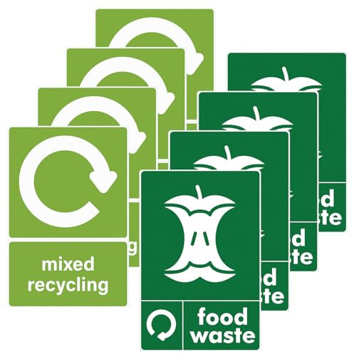 8 Pack Food Waste Sticker Set General Waste Stickers for Bins, Self Adhesive PVC 150mm x 100mm - Safe and Healthy Waterproof Vinyl Material Suitable for Home Office Outdoor Indoor