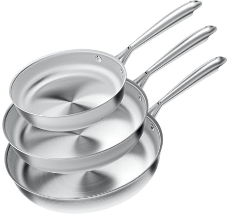 COOKNANO Bratpfannen-Set, 20/26/30 cm Pfannen, unbeschichtet, Backofenfest, Spülmaschinenfest, Silber, 3-teilige Edelstahlpfanne, Kochgeschirr-Sets