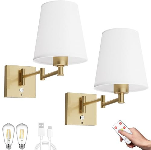Aipsun 6000mAh Applique da Parete Interno Dimmerabile Batteria Operata,2PCS Lampada da parete Senza Fili con Telecomando,Lampada da Muro Batteria,Applique da parete braccio girevole 2700K,6W,ORO