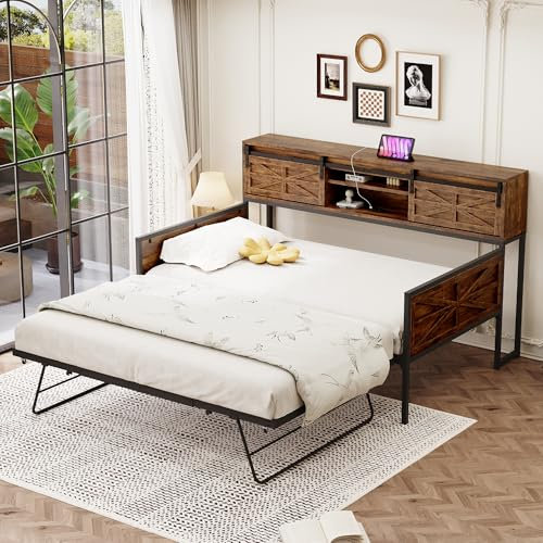TOBIDOEN Metallbett Sofabett 90x200cm mit Ausziehbett, Ausziehbares Schrankbett mit Mehreren Ablagefächern, Bügeleisen Einzelbett, Gästebett Eisenbett, Schwarz