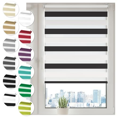 Doppelrollo Klemmfix ohne Bohren 80cm x 100cm Schwarz/Weiß Duo Rollo Klemmrollo Sonnenschutzrollo Fensterrollo für Fenster & Türen Zebrarollo Seitenzugrollo