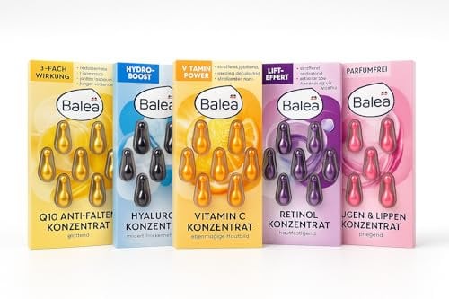 Balea Q10 Concentré anti-rides + Concentré Hyaluron + Concentré Vitamine C + Concentré Rétinol + Concentré Yeux & Lèvres - Pack d'essai (7 capsules par paquet) + Autocollant PurLife