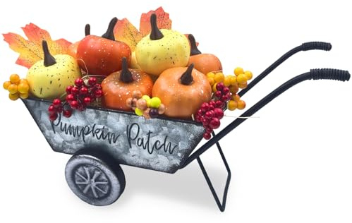 Autumn Decor, 23.5 cm Vintage Metal Wheelbarrow with Artificial Pumpkin Berries Leaves, Autumn Pumpkin Trolley, Garden Handcart Decoration for Kitchen, Table, Centrepieces, Balcony, Patio, Rustic