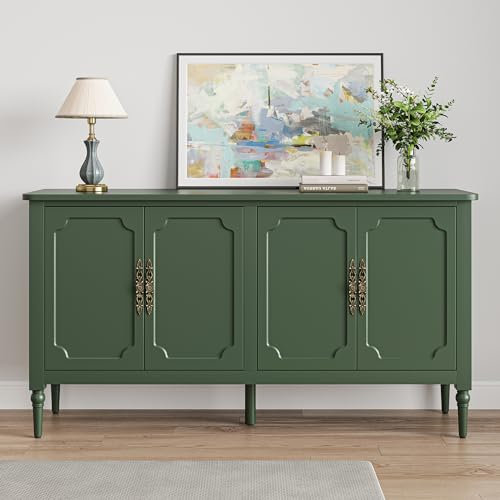 SUNVIVI Sideboard Buffet Cabinet with Storage: 58'' Mid Century Modern Crendenza Accent Cabinet, TV Stand with 4 Doors and Adjustable Shelves for Entryway, kitchen, Living Room, Green