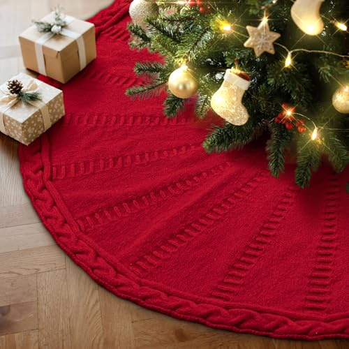 Lanpn Weihnachtsbaum Decke 90cm Christbaumdecke Groß Gestrickter Weihnachtsbaum Röcke Rund Tannenbaum Decke Unterlage Teppich Weihnachtsbaumdecke für Christbaumschmuck Weihnachtsdeko (Rot)
