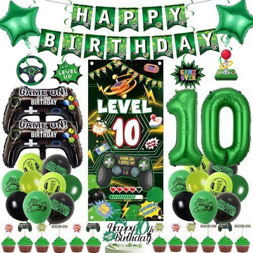 10th Birthday Decorations Video Game - 45 Pcs Green Gaming Birthday Decor | Banner Number 10 Foil Balloon Backdrop and Cake Toppers for 10 Years Old Boys Party Supplies