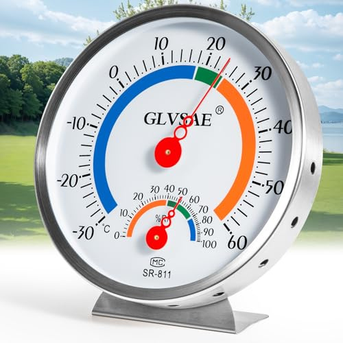Indoor and Outdoor Precision Thermometer and Hygrometer, Analogue, Stainless Steel Construction, with Comfort Zone Display, Suitable for Indoor and Outdoor Use, Diameter 12.6 cm