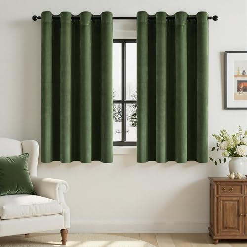 Woaboy Velvet Curtains for Living Room W 46 x L 54 2 Panels Olive Green | Blackout Thermal Curtain for Bedroom 54 Drop Luxury Eyelet Drapes Soft Window Treatment Insulated Soundproof & Room Darkening