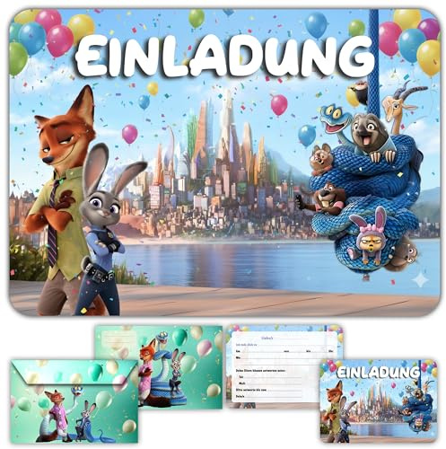 Glowiibo Fun4kid 12 x Tiere Einladungskarten Kindergeburtstag Mädchen Junge mit passenden Umschlägen – für Kinder, die Tiere lieben - Vorgefüllte Karten auf Deutsch für Geburtstagsparty und Feier