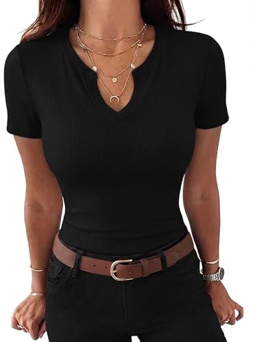 Gyabnw Women's Fitted V Neck T Shirt Slim Fit Short Sleeve Black