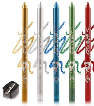 5Pcs Bunt Eyeliner Set, Gold Silber Blau Grün Rot Glitzer/Matt Kajalstift | Wasserfest Langlebig, Wischfest Gel Eye Liner Pen mit Anspitzer, Hochpigmentiert Lidschattenstift Makeup für Party Festival