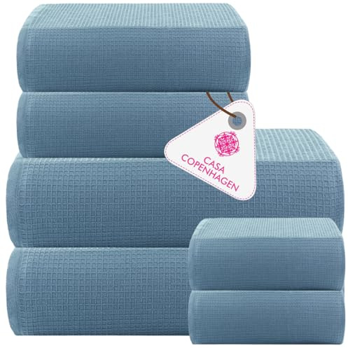 Casa Copenhagen 6-teiliges Badetuch-Geschenkset, 600 g/m², Staubblau | waffle 100% reine ägyptische Baumwolle: 2 Badetücher, 2 Handtücher, 2 Waschlappen(Geschenkset Damen & Herren)
