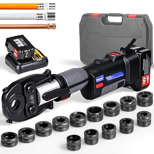 AMZCNC Akku Presszange 32kN TH U V Kontur 14tlg Set | Für SHK-Profis & Installateure | 32kN Presskraft, kompakter Kopf für enge Arbeitsbereiche