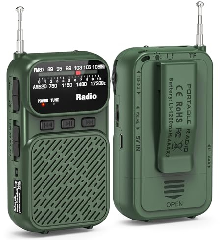 Tendak Mini Radio alimentada por Pilas, Radio Am/FM/FM pequeña con batería de 1200 mAh, Radio portátil con Bluetooth, Radio Transistor por Pilas AAA con lámpara de Lectura/TF, Carga USB-C (Verde)