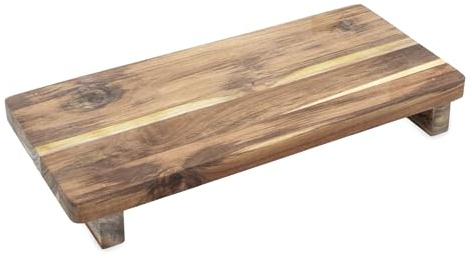 Teakholz Dekotablett rechteckig mit Füßen - 37 x 17 cm - Massivholz Kerzenbrett Natur rustikal - Holz Tischpodest Holztablett Servierbrett Tablett Advent Weihnachten Hochzeit Geschenk Deko