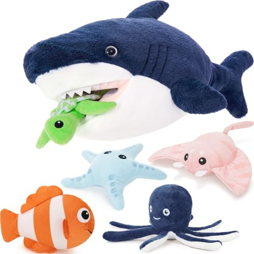 MaoGoLan groß blauer Hai kuscheltier xxl mit Meerestier Schildkröte Krake Seestern fish, 60cm weich riesen blauhai Ocean Stofftier Plüschtier Spielzeug, geburtstag weihnachten geschenk für kinder baby