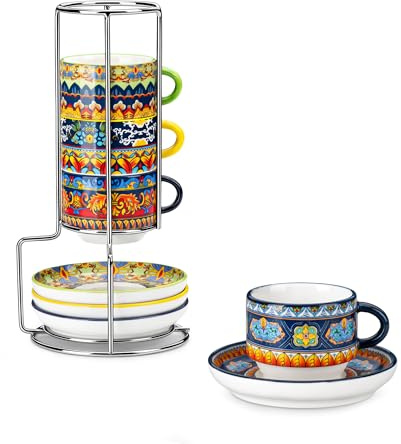 vancasso Cappuccinotassen 4er Set, 150 ml Kaffeetassen mit Untertassen & Metallständer, Stapelbar Dickwandig Porzellan, Spülmaschinenfest – KRVI Serie, Bunter Bohemian-Stil