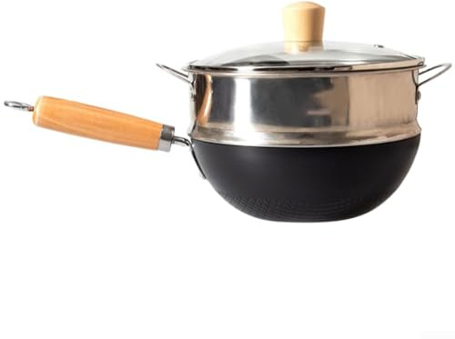 AIKEOU Petit wok de style japonais de 20 cm fabriqué en fer forgé non revêtu pour une répartition uniforme de la chaleur et une cuisson efficace à portion unique, C-24 cm